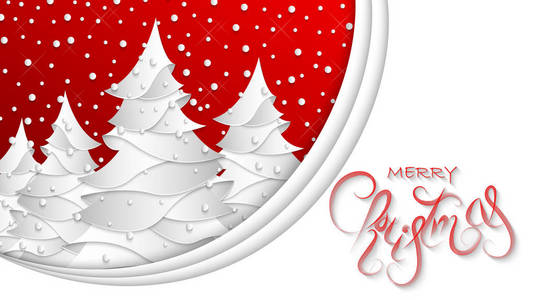 圣诞树和雪花背景下的书法圣诞快乐。 冬天壁纸白色抽象树在红色的雪背景上。 三维矢量插图剪纸风格。