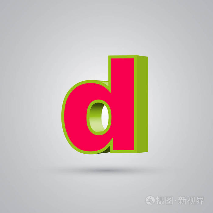 西瓜3d矢量字母d小写红色字体有光泽的绿色边框白色背景隔离的光反射
