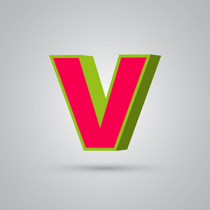 西瓜3D矢量字母v大写。 红色字体，有光泽的绿色边框，白色背景隔离的光反射。