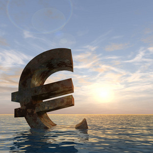 欧洲危机背景概念3D说明货币欧元符号或符号沉入海水或海洋日落