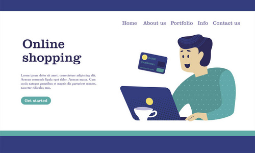 网站商店登陆页面模板。 现代平面网页设计理念为网站和移动网站。 在网上商店买电脑的人。 矢量图。