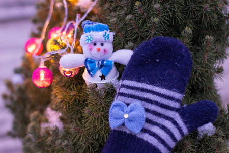 美丽的冬季手套和圣诞花环冬季手套