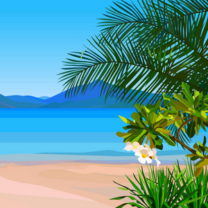 以蔚蓝的水和热带植物绘制的海滩背景