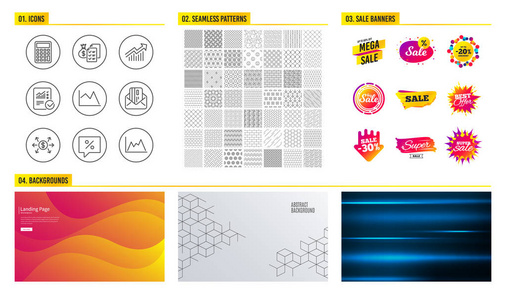 无缝图案。 商场横幅。 一组折扣消息会计财富和需求曲线图标。 计算器信用卡和线图标志。 向量