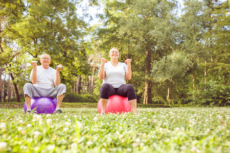 老年锻炼快乐老年夫妇一起在公园健身球上锻炼