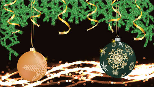球, 新年的圣诞装饰品, 圣诞装饰与雪花和冷杉树枝的图案与金色的丝带和灯光, 一个花环隔离在黑色。向量背景