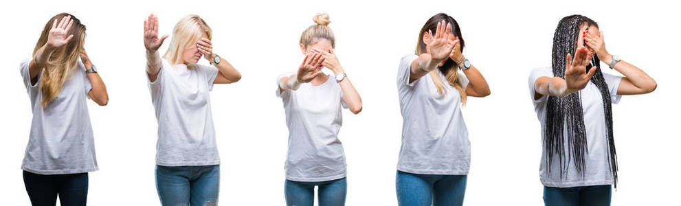 一群穿着休闲白色T恤的美女拼贴在孤立的背景上，用手遮住眼睛，用悲伤和恐惧的表情做停止手势。 尴尬和消极的概念。