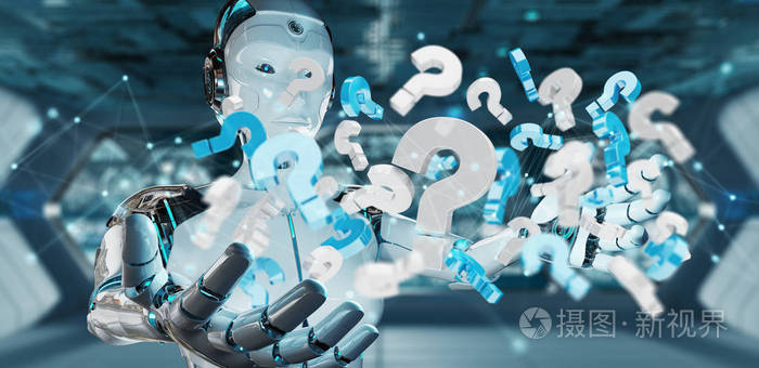 白色机器人模糊背景使用数字问号3d渲染