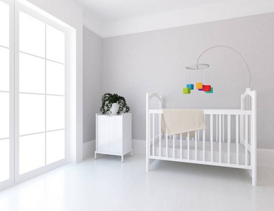 斯堪的纳维亚婴儿房内部的想法，婴儿床在木制地板和大墙。 家北欧内部。 三维插图