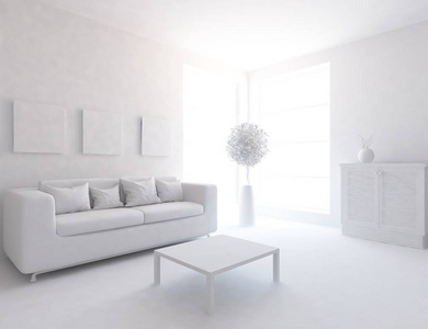 白色房间内部有家具。 斯堪的纳维亚室内设计。 三维插图
