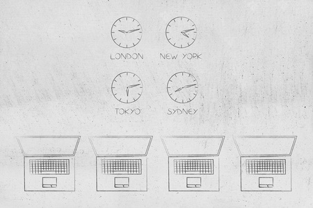 技术设备说明4组笔记本电脑和时钟，不同时区的方形布局