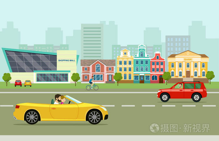 城市街道全景城市生活设置有汽车道路和建筑物矢量平面样式插图