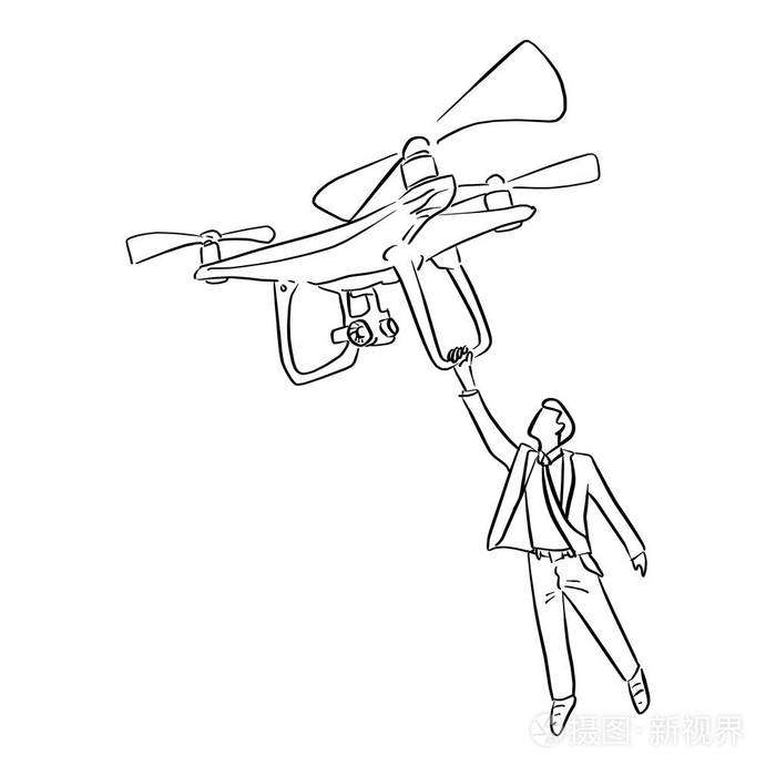 商人拿着大无人机在空中矢量插图素描涂鸦手画黑线隔离在白色背景