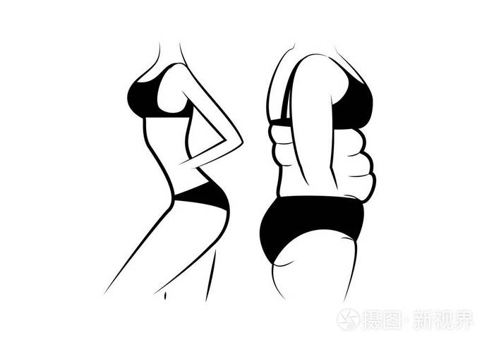 苗条和肥胖的女性身材孤立在白色背景轮廓风格水平矢量插图.