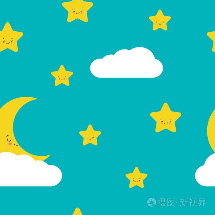 插画 矢量中的夜空无缝图案. 可爱的星星. 月亮和云彩带着笑脸.eps