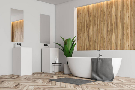 现代浴室的角落，白色和木制墙壁，木制地板，白色浴缸与地毯附近，双水槽与两面镜子。3D渲染
