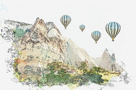 水彩素描或插图。空中热气球在土耳其的 Kapadokia