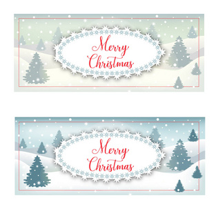 矢量明信片与红色明亮的圣诞快乐刷文字文字在冬季背景与雪花杉树的问候卡，广告，礼品包装横幅邀请。 EPS10