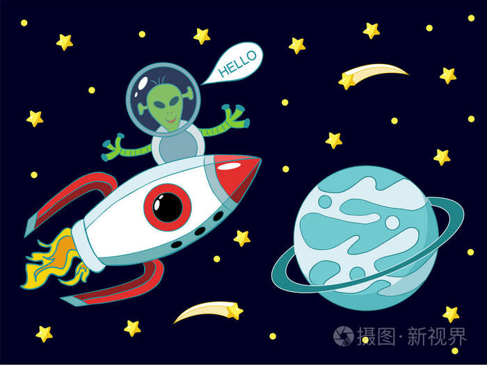 外星人乘火箭飞向地球旁边的太空,尖叫你好. 向量eps10