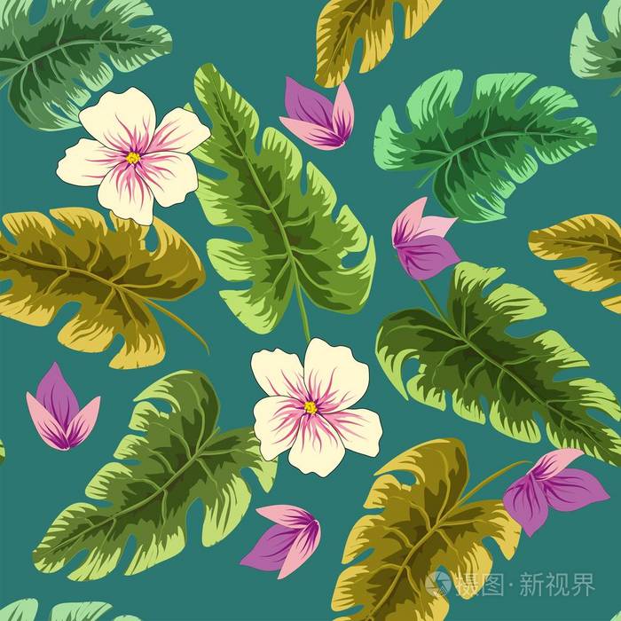 热带植物叶子和花 黑色背景壁纸上的无缝海滩图案.