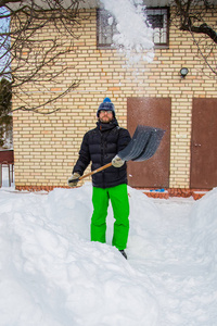 一个人在一个阳光明媚的冬日打扫他家附近的院子和雪园。