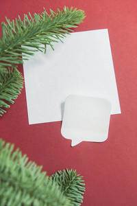 圣诞作文与纸空白, 圣诞树树枝, 扁平, 顶视图, 复制空间