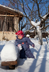 一个孩子的肖像和一套温暖的冬季西装，手套在冬天的户外玩耍。 盲人雪人玩雪球孩子的乐趣。