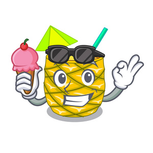带有冰淇淋的菠萝汁，玻璃器皿的吉祥物矢量插图