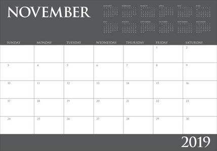 2019年11月办公桌日历矢量插图简单干净的设计。