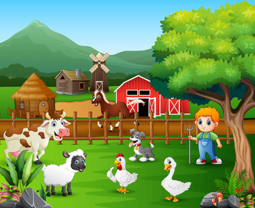 农场里一个农夫和一群农场动物的漫画