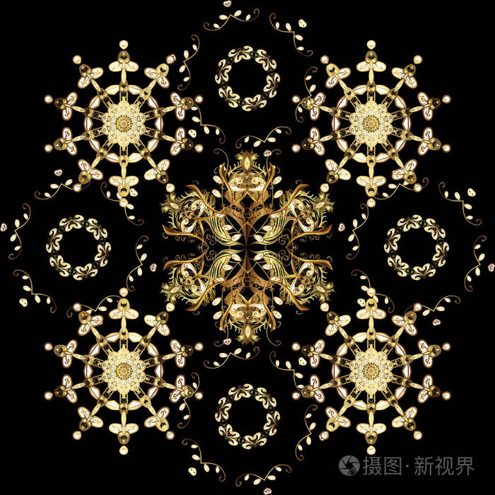 无缝中世纪花卉皇家图案. 黄色的金色. 装饰对称阿拉伯式.