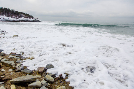 海浪在覆盖着雪的海滩上奔跑。