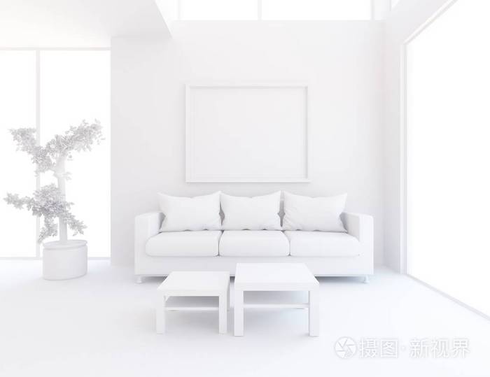 白色房间内部有家具。 斯堪的纳维亚室内设计。 三维插图