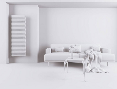 白色房间内部有家具。 斯堪的纳维亚室内设计。 三维插图