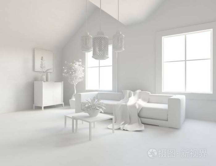 白色房间内部有家具。 斯堪的纳维亚室内设计。 三维插图