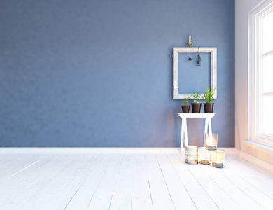 一个白色的空斯堪的纳维亚房间内部，梳妆台在木地板上。 家北欧内部。 三维插图