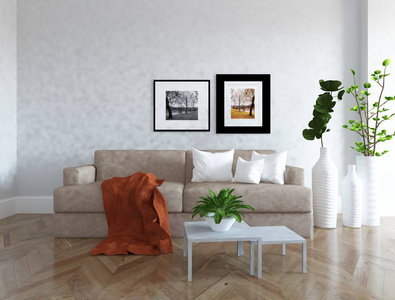 一个白色斯堪的纳维亚客厅内部有沙发植物和木制地板的想法。 家北欧内部。 三维插图