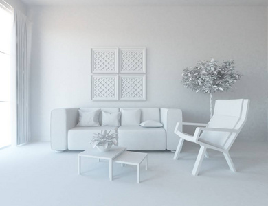 客厅的白色内部。 三维插图