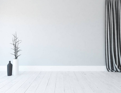 一个白色的空斯堪的纳维亚房间内部与花瓶在木制地板上。 家北欧内部。 三维插图