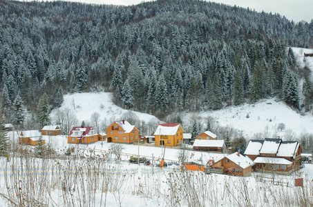 雪覆盖了山丘，森林和远处的房子。 冬季景观