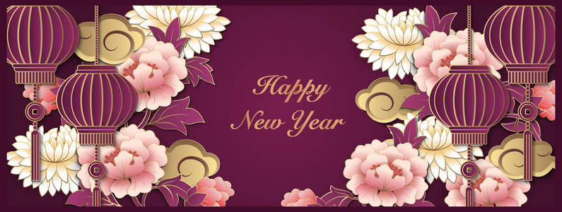 中国新年快乐复古黄金浮雕艺术粉红牡丹花云灯和格子架