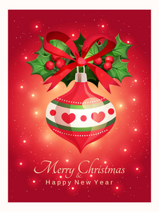 贺卡与美丽的圣诞玩具, 装饰绿叶, 红色浆果, 红色丝带和问候圣诞快乐和新年快乐文字在闪亮的红色背景。向量例证