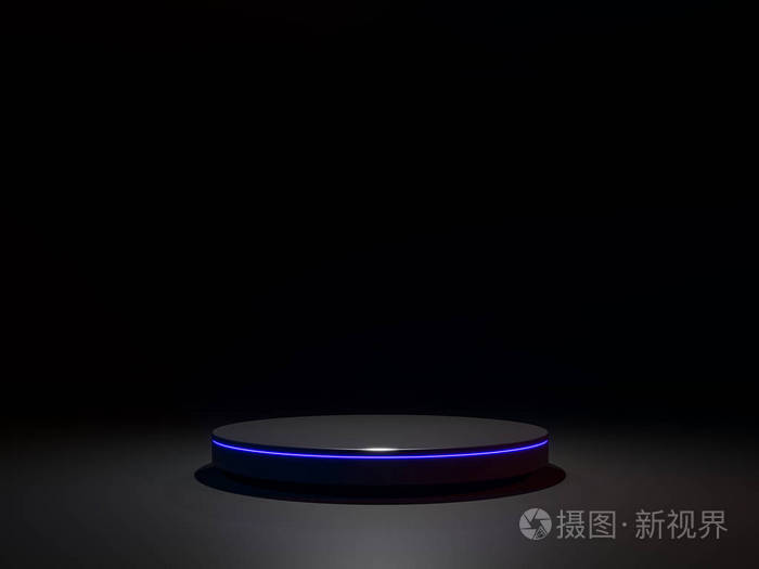 产品与黑色背景三维渲染图像,这里有黑色圆筒架装饰蓝色霓虹灯.