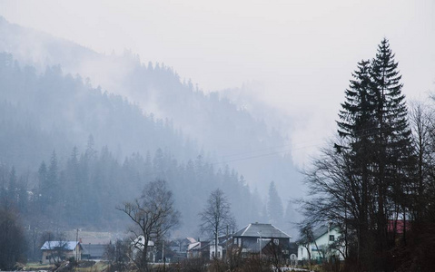 雾蒙蒙的山脉和波赫丹的房屋在冬季喀尔巴阡山