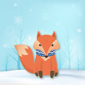 狐狸的纸艺与雪花和天空背景季节寒假纸艺风格插图。