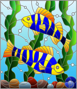 彩色玻璃图案的插图，在水藻和气泡的背景上有一对明亮的条纹鱼