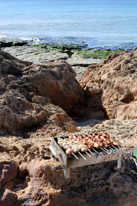 在阳光明媚的冬天在地中海沿岸野餐