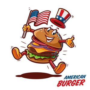 彩色矢量插图快餐标志与汉堡卡通人物