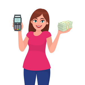 年轻妇女显示pos终端或信用卡借记卡刷卡机和持有大量现金货币货币票据。 矢量卡通中的无线现代银行支付金融概念说明。