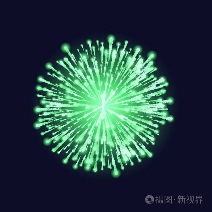 黑暗天空背景上美丽的绿色烟花. 明亮的装饰圣诞卡新年庆祝或节日.